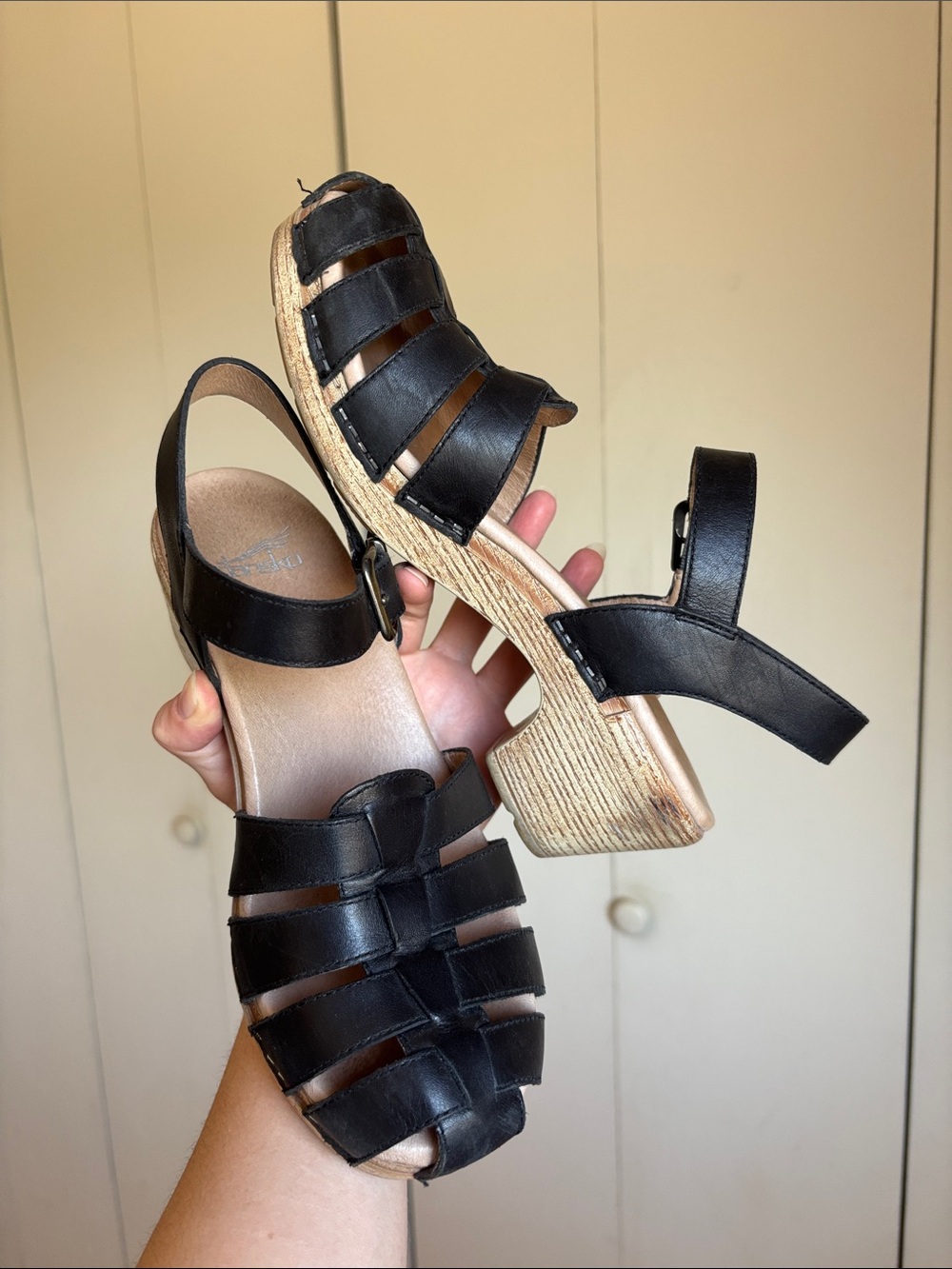 Dansko Black Strappy Wood-Effect Platform Sandals